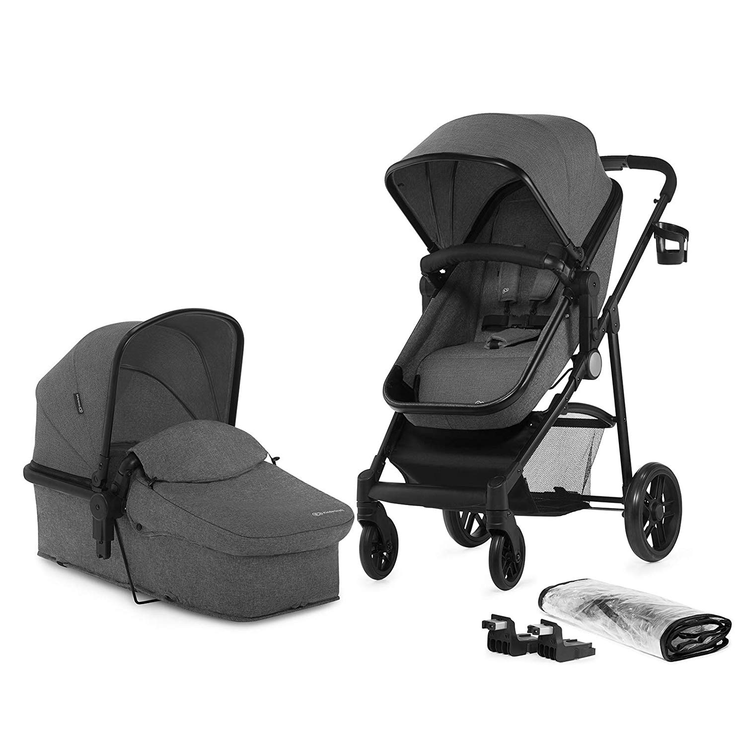 Kinderkraft 2-in-1 Juli Pushchair Set, Combination Pushchair, Pushchair, Pushchair, Carrycot Accessories, Easy Folding, 3 Seat Positions, Shopping Basket, 5 Point Seat Belt, Grey