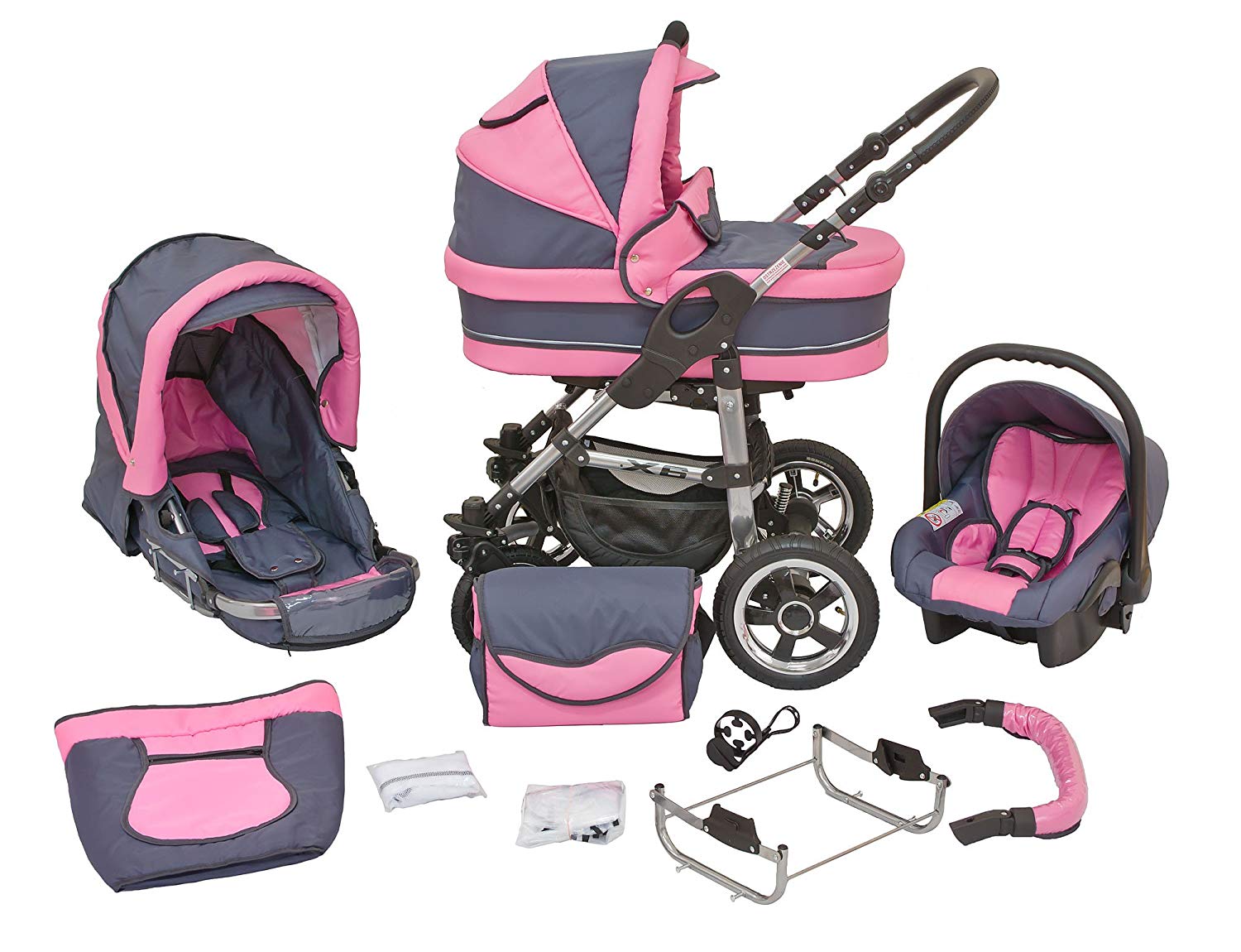 neo4kids Combi Pushchair X6 – 3 in 1 Combi Pushchair Buggy Graphite Pink