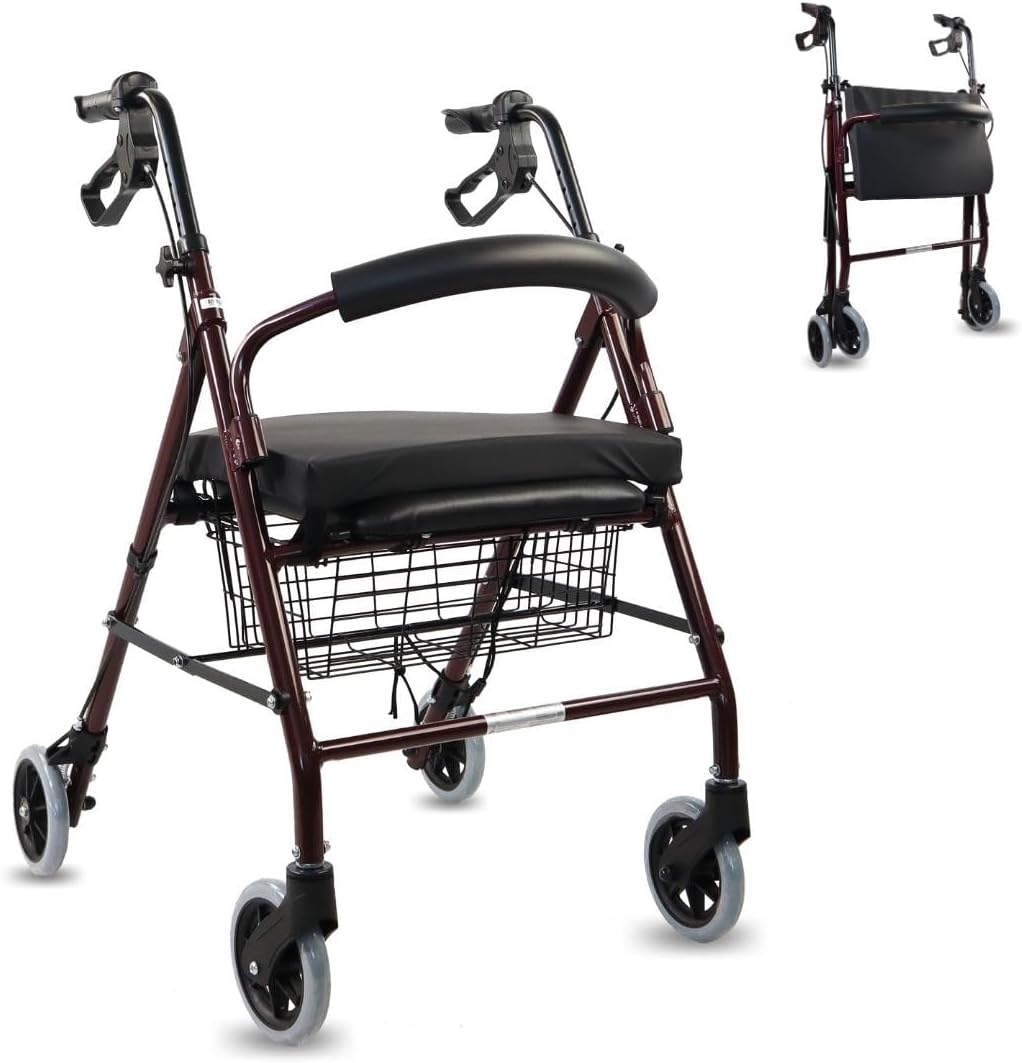 Mobiclinic®, Rollator with Viscoelastic Cushion, Aluminum, Manual Brakes, Foldable, Basket, Seat, for Chairs and Trolleys, Escorial Plus, Seniors, Lightweight, 4 Wheels, Bordeaux