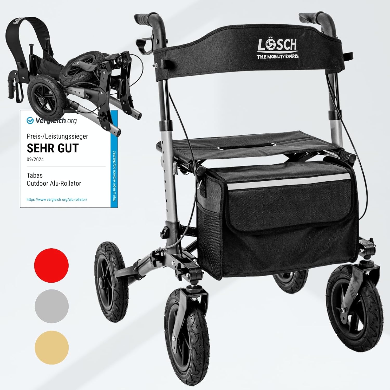 Mobility Rollator Foldable & Lightweight with Seat I Price/Performance Winner 3-Way Foldable I Outdoor Rollator with Pneumatic Tires, Seat & Back Strap I Rollator for Seniors