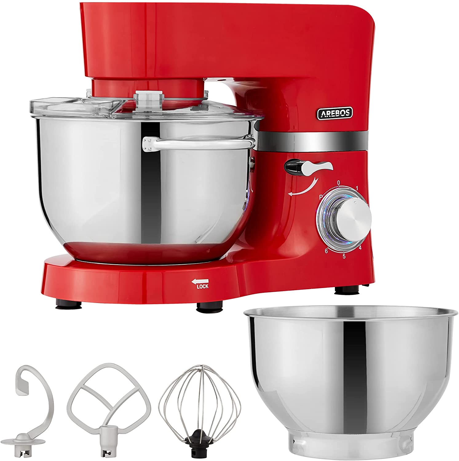 Arebos Food Processor 1500 W Red | Kneading Machine with 2 x Stainless Stee