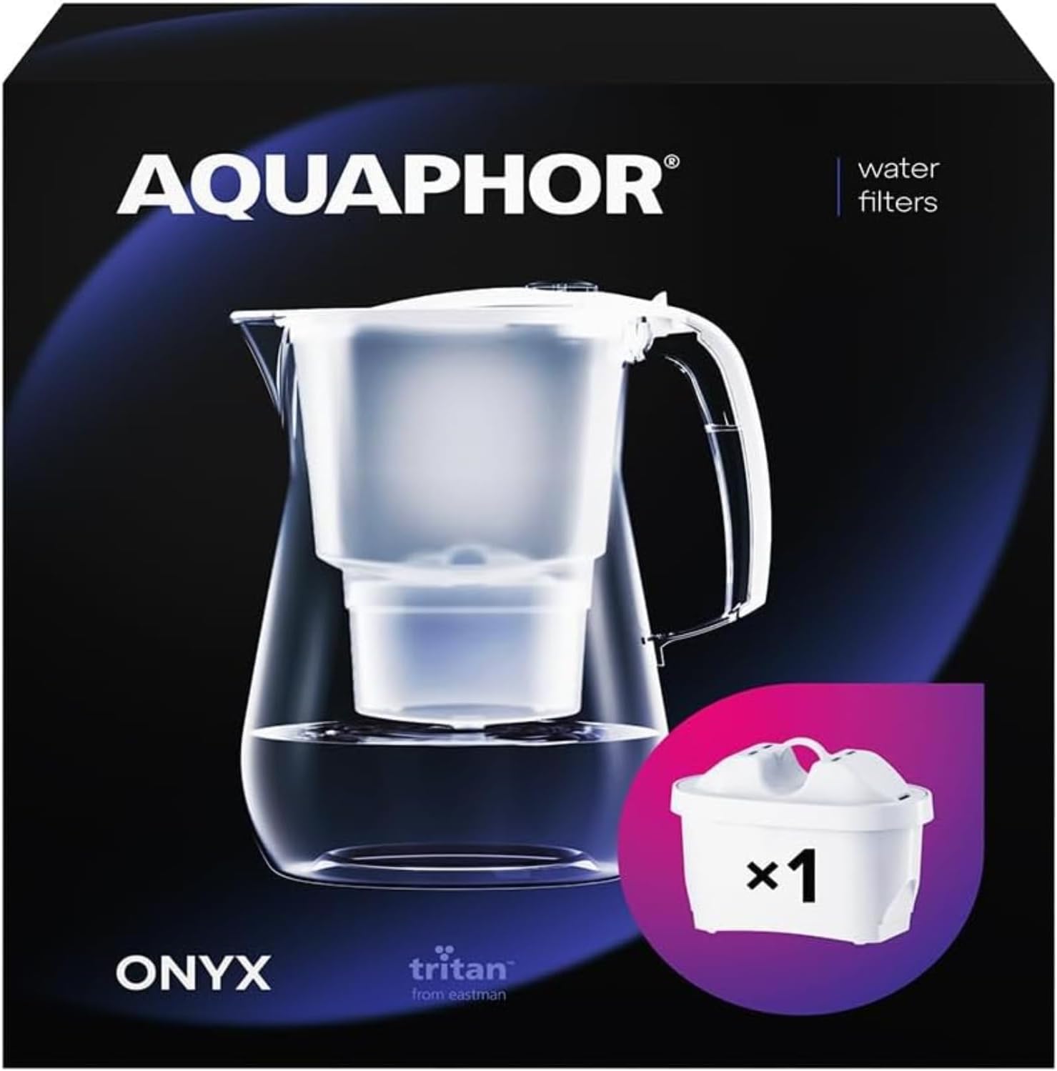 AQUAPHOR Water Filter Onyx Incl. 1 Maxfor+ Filter Cartridge - Premium Water Filter in Glass Look to Reduce Limescale, Chlorine and Other Substances