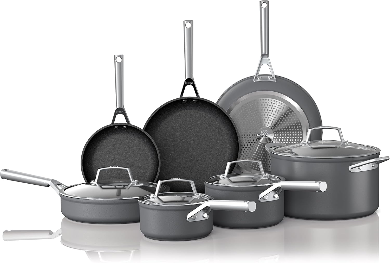 Ninja Foodi Neverstick C39800 Hard Anodized Premium Anti-Scratch Nesting Pots & Pans with Lid, Aluminum, Slate Gray