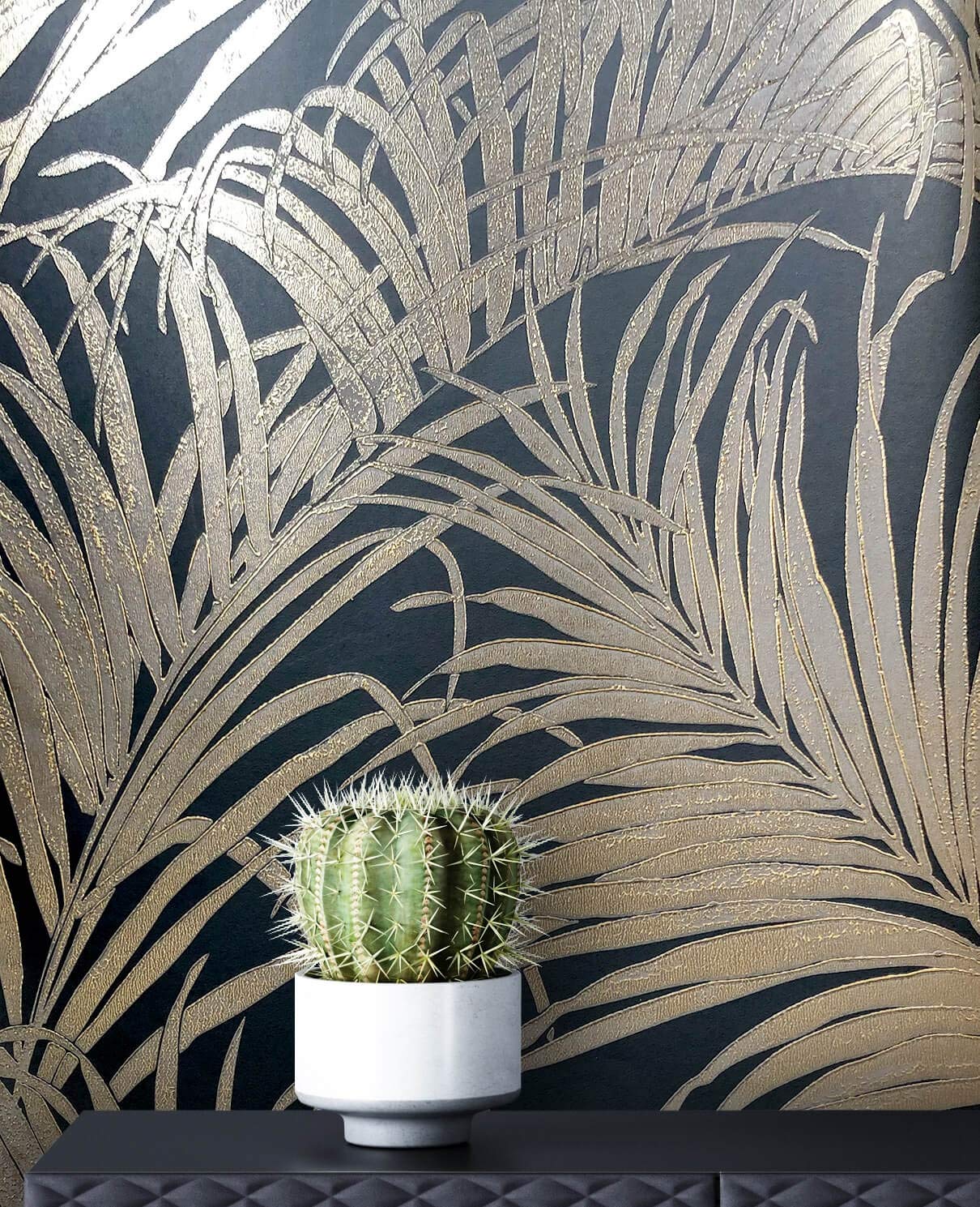 Newroom Design Newroom Flower Wallpaper Black Leaves Palm Leaf Floral Non-Woven Wallpaper 