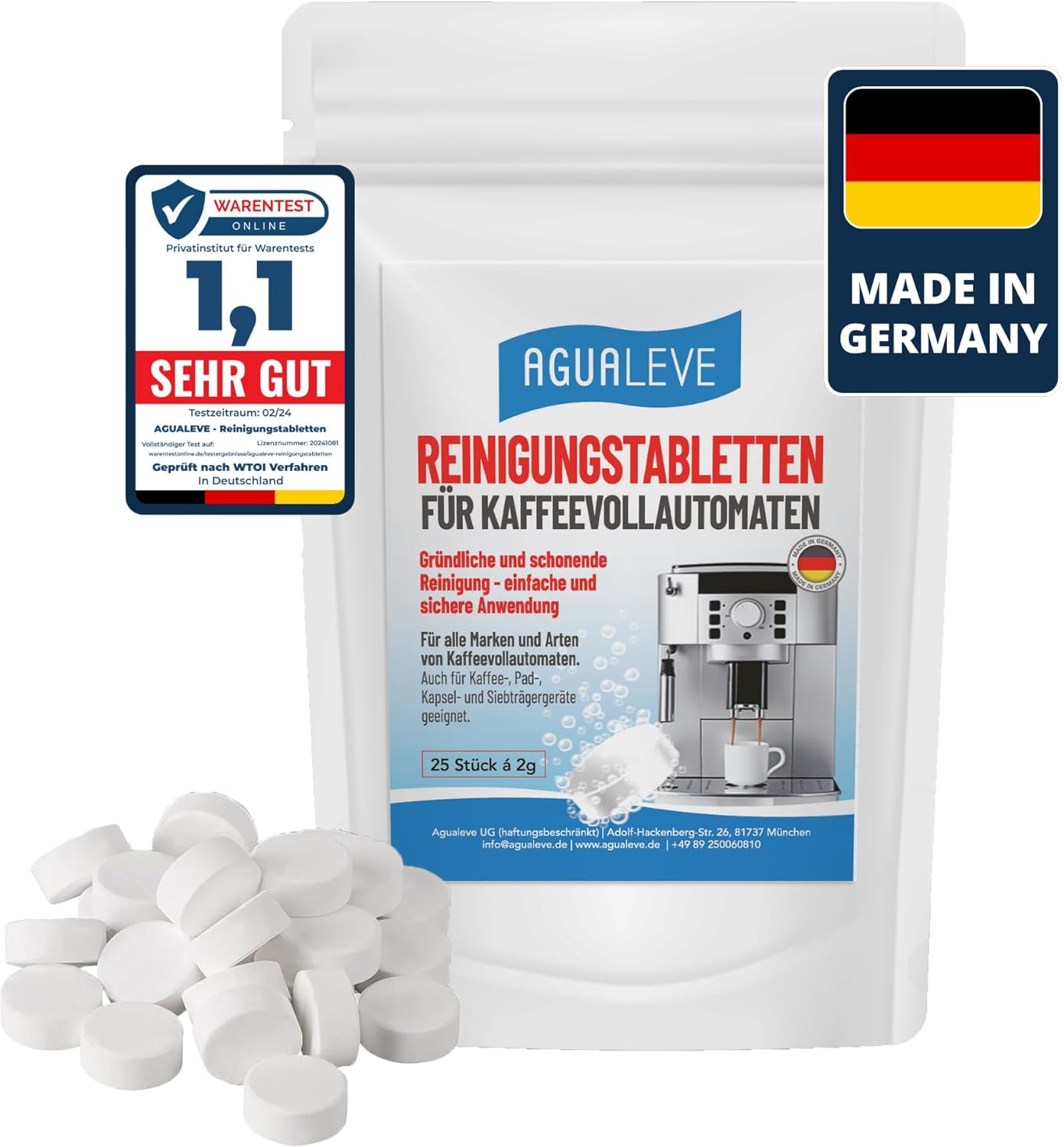 AGUALEVE Cleaning Tablets Pack of 25 | For All Brands and Types of Fully Automatic Coffee Machines and Coffee Machines, e.g. De\'Longhi, Philips, Siemens, Saeco, Melitta, Krups, Miele | Brand quality made in