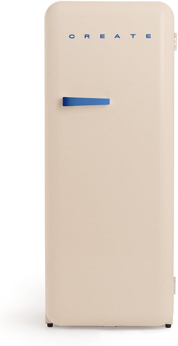 CREATE Retro Friend 150 Cobalt / Fridge Freezer 281 L in Sand, Cobalt Blue Handle / 102 W, Low Energy Consumption, 150 cm, 3 Shelves, Temperature Control, 60 x 60 x 150 cm