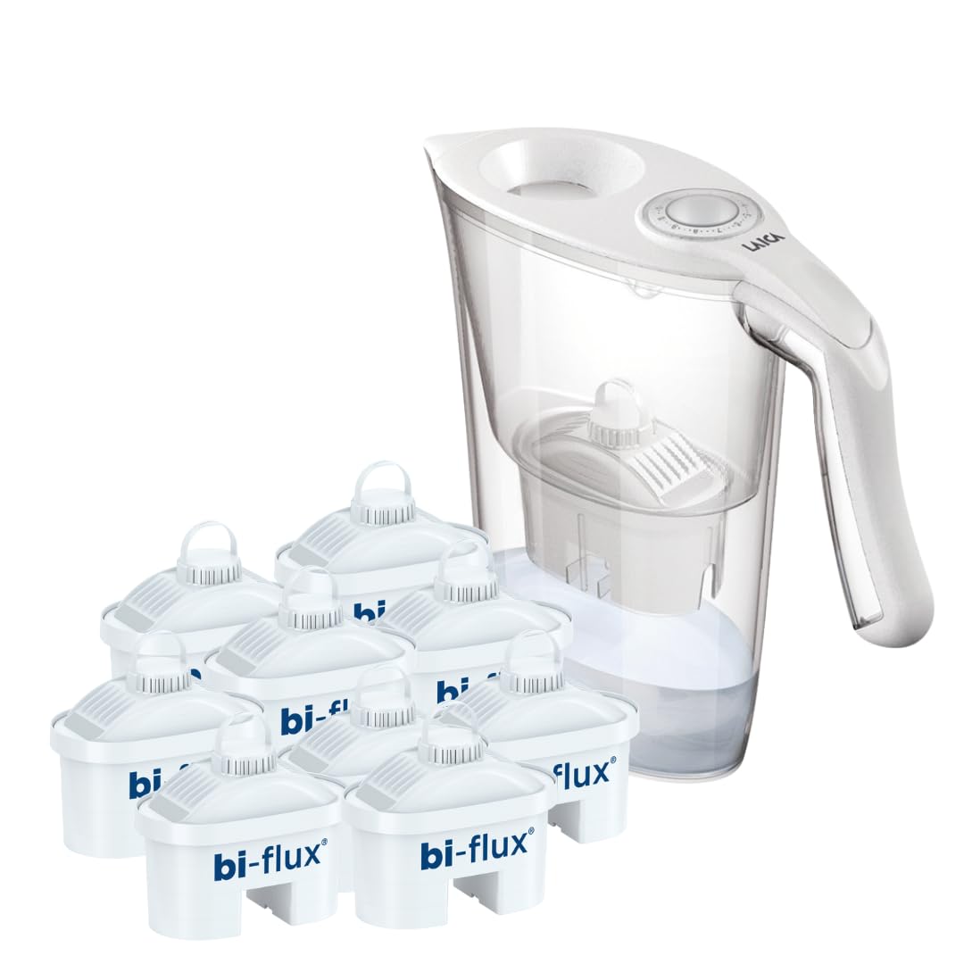Laica Store Laica J9096W Carmen White Filter Jug 2.3L with 9 Bi-Flux Filters Preserves Mineral Salts, Reduces Chlorine and Heavy Metals, Chemicals and Hardness