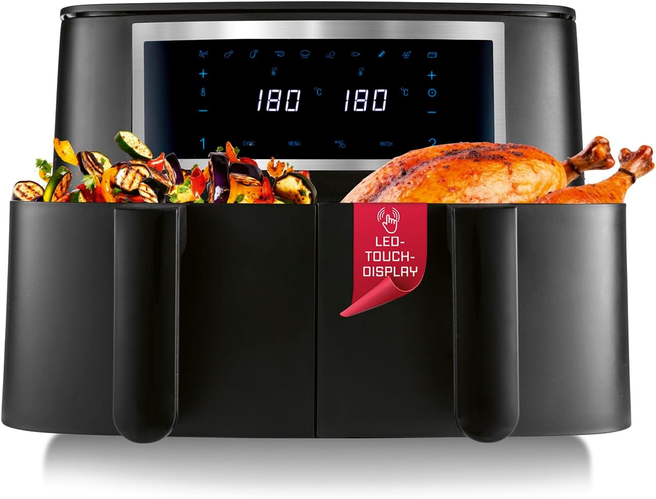 GOURMETmaxx Double Chamber Hot Air Fryer - 2 x 4 L | Synchro Cooking Zones Airfryer | Fryer with Touchscreen | Hot Air Fryer 2 Chambers & 10 Programs | Fry Almost Without Oil