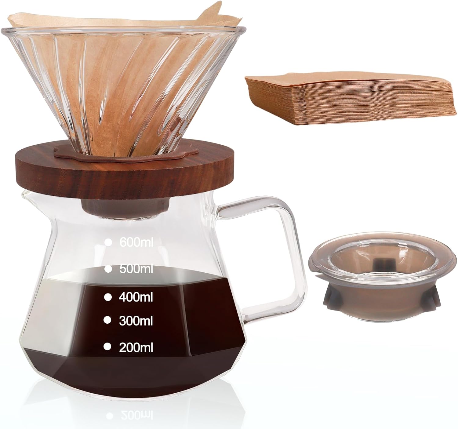 Pour Over Coffee Maker, 600ml Borosilicate Glass, Drip Coffee Maker, Server Set with 100 Pieces V60 Cones, Paper Filter, Walnut Collar Glass Lid, Transparent Hand Brew Dripper Carafe for
