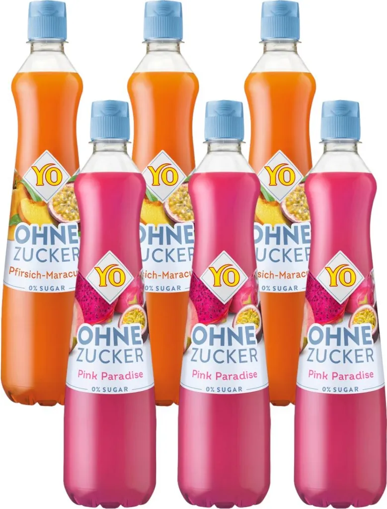 YO Syrup 0% Sugar Sample Set: 3x Peach-Passion Fruit 700ml & 3x Pink Paradise 700ml