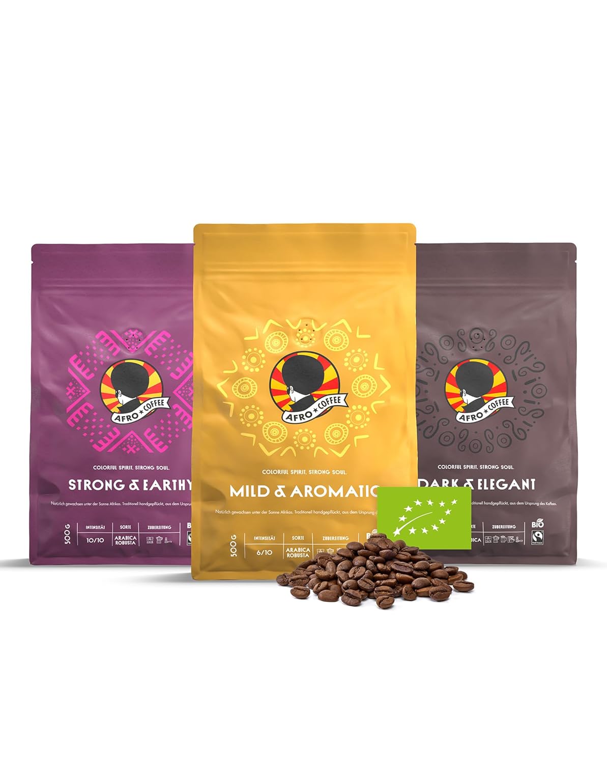 Collection Set Afro Coffee, Premium Coffee Beans, Fairtrade from East Africa, the Origin of Coffee. Arabica and Robusta, Sun-Ripened, Hand-Picked and Gently Roasted