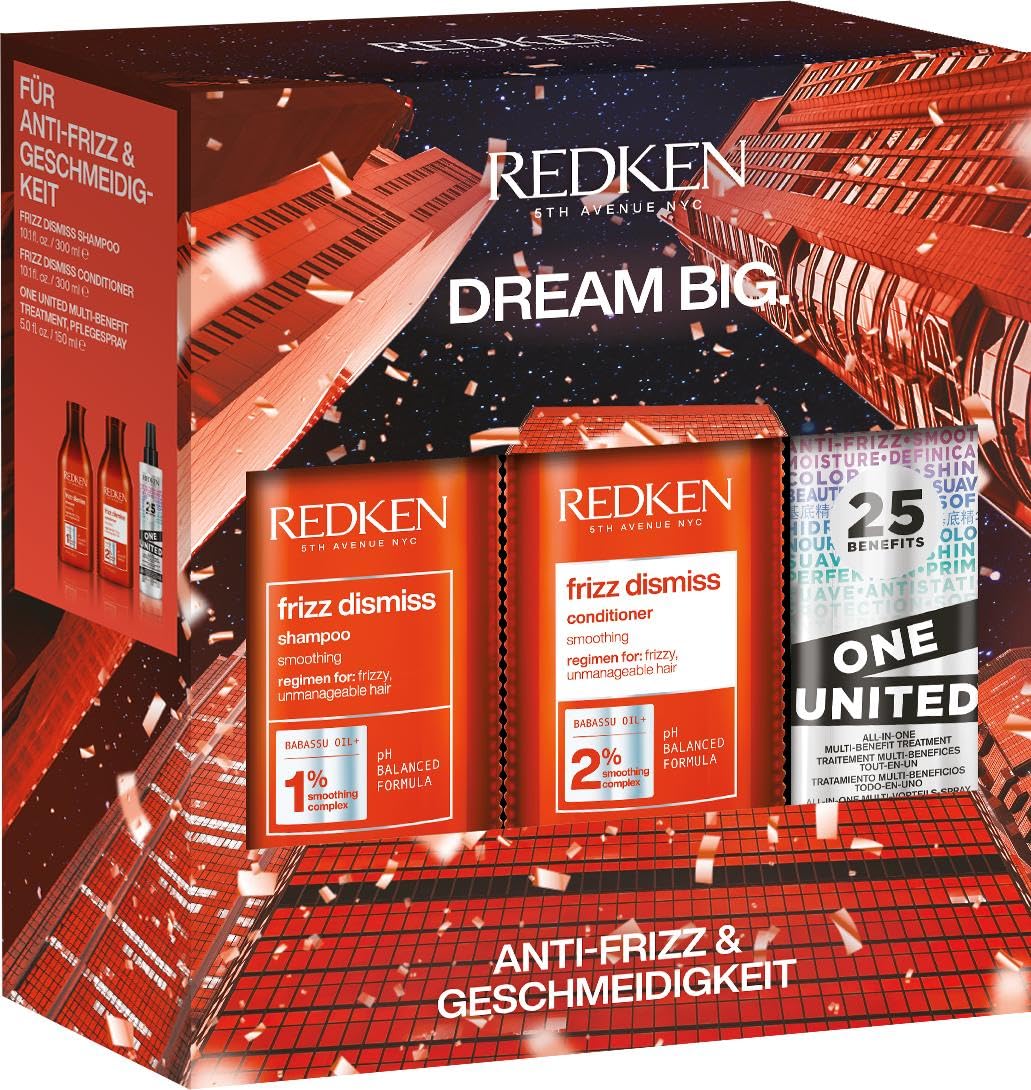 Redken Care Set with Anti-Frizz Effect, Frizz Dismiss Shampoo 300 ml and Conditioner 300 ml with Babassu Oil and Smoothing Complex, One United Multi-Benefit Treatment 150 ml with Heat Protection