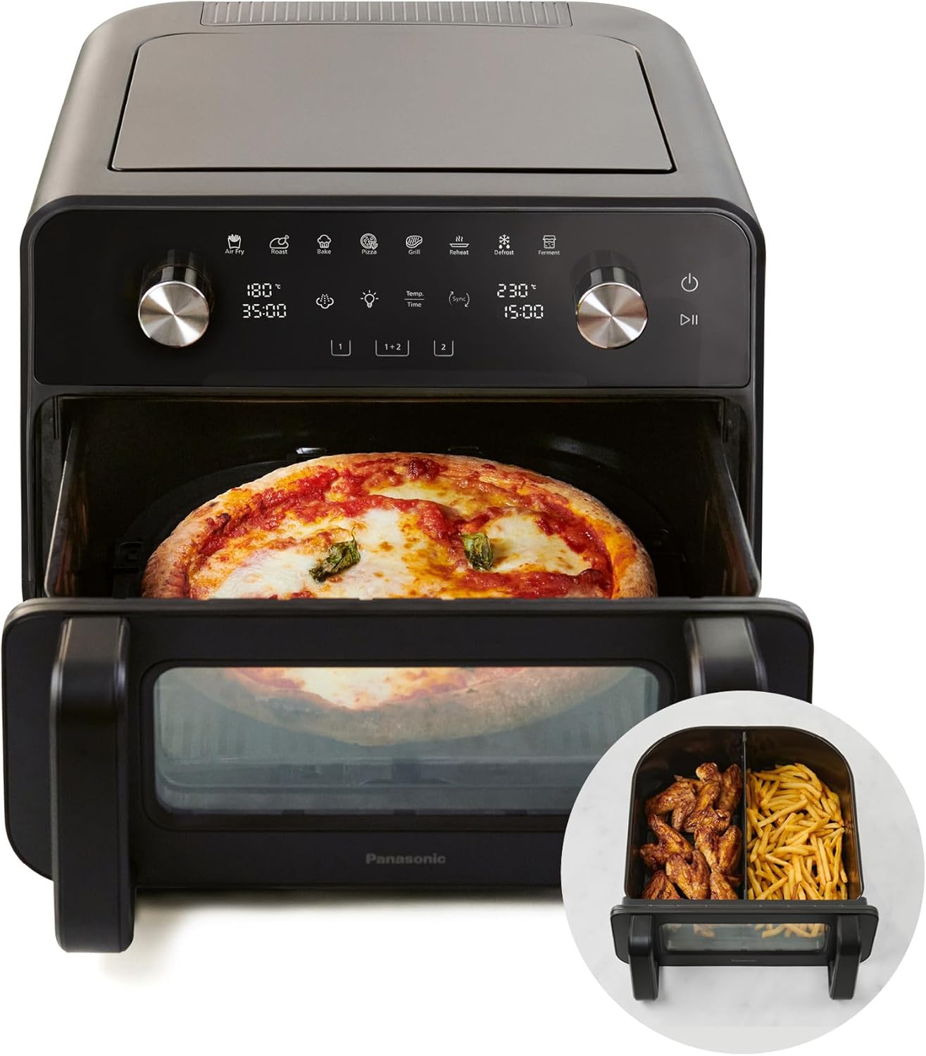 Panasonic NF-BC1000 Flex Air Fryer with Viewing Window, XL Flexible Cooking Basket, Removable Divider for 2 Cooking Zones, 9.6 Liters, 30-230°C, Gentle Steam, 8 Presets, Easy to Clean, Black