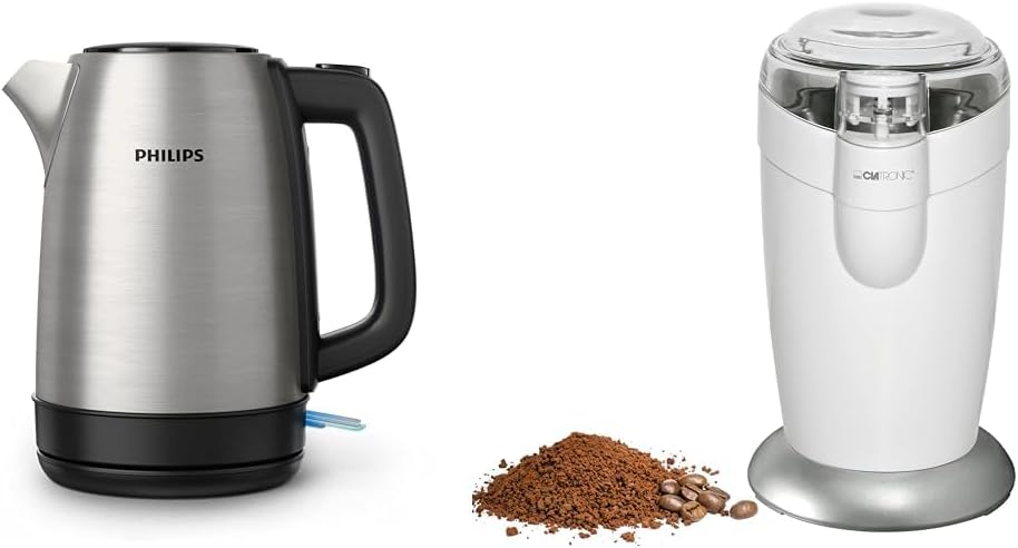 Philips Domestic Appliances Philips Daily Collection KSW 3306 Metal Kettle Spring Lid & Clatronic® Electric Coffee Grinder, Coffee Grinder with Stainless Steel Impact Blade, Capacity 40 g, 120 Watt Motor, White Stainless Steel