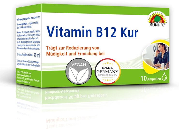 SUNLIFE Vitamin B12 Treatment - 1 x 10 Ampoules - Drinking Ampoules with Vitamin B12 High Dose - B12 Vitamin Ampoules - Gluten & Lactose Free - High-Quality B12 Drinking Bottles
