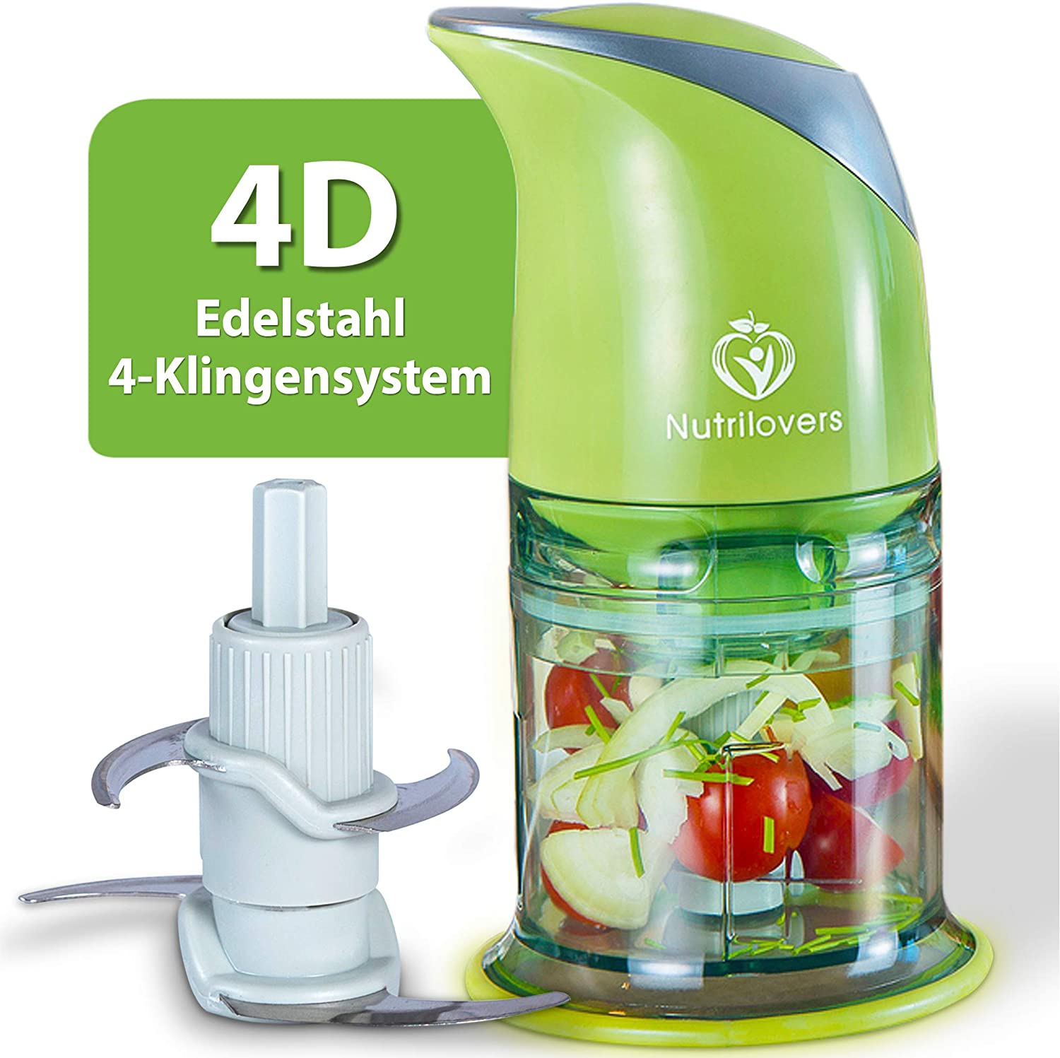 Nutrilovers Nutri-Chopper Electric Multi Chopper | Universal Chopper for Nuts, Onions, Fruit & Vegetables, Meat - 400 Watt Chopper | 4 Blades Stainless Steel | Mixing Container (500 ml) - BPA Free