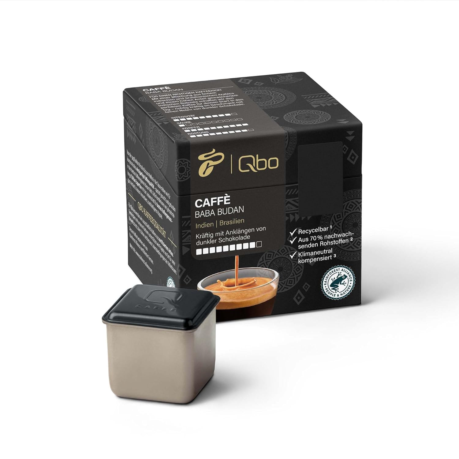 Tchibo Qbo Caffè Baba Budan Premium Coffee Capsules, Pack of 8 (Caffè, Intensity 09/10, Strong, Notes of Dark Chocolate), Sustainable, Made from 70% Renewable Raw Materials & Climate Neutral