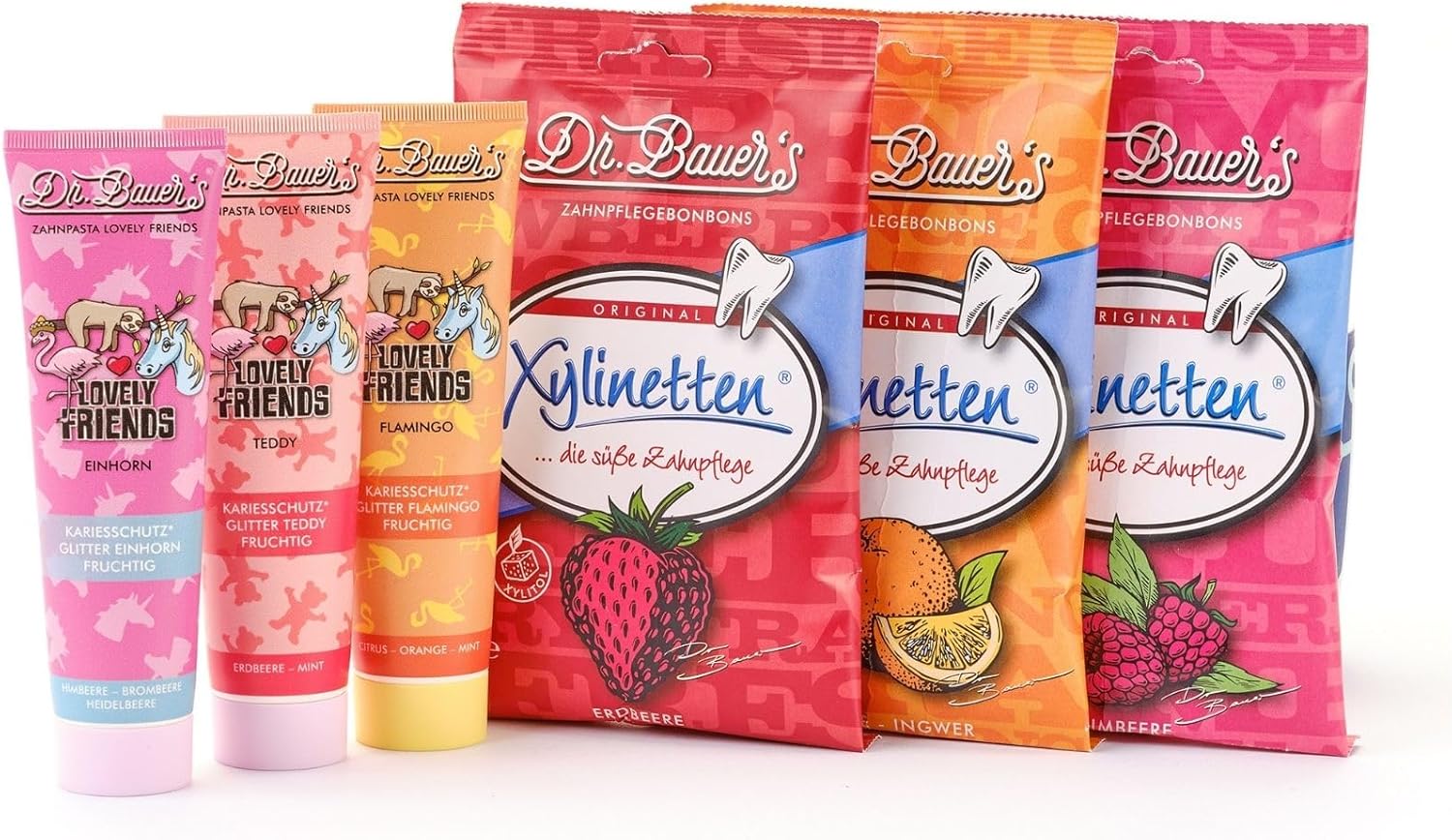 Dr. Bauer\'s Lovely Friends Toothpaste Set for Children, 3 Tubes of Glitter, 3 Xylinette Sweets, Sugar-Free, Tooth-Friendly, Developed by Dentists