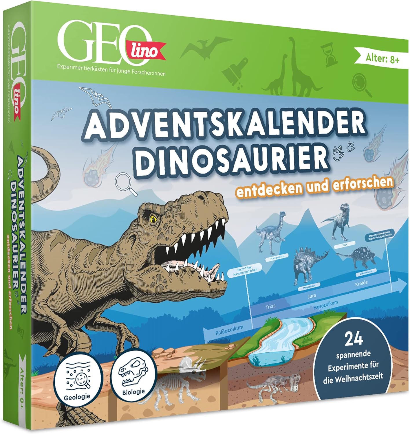 FRANZIS GEOlino 67205 Advent Calendar Discover and Explore Dinosaurs, 24 Exciting Experiments for the Christmas Season, for Children from 8 Years