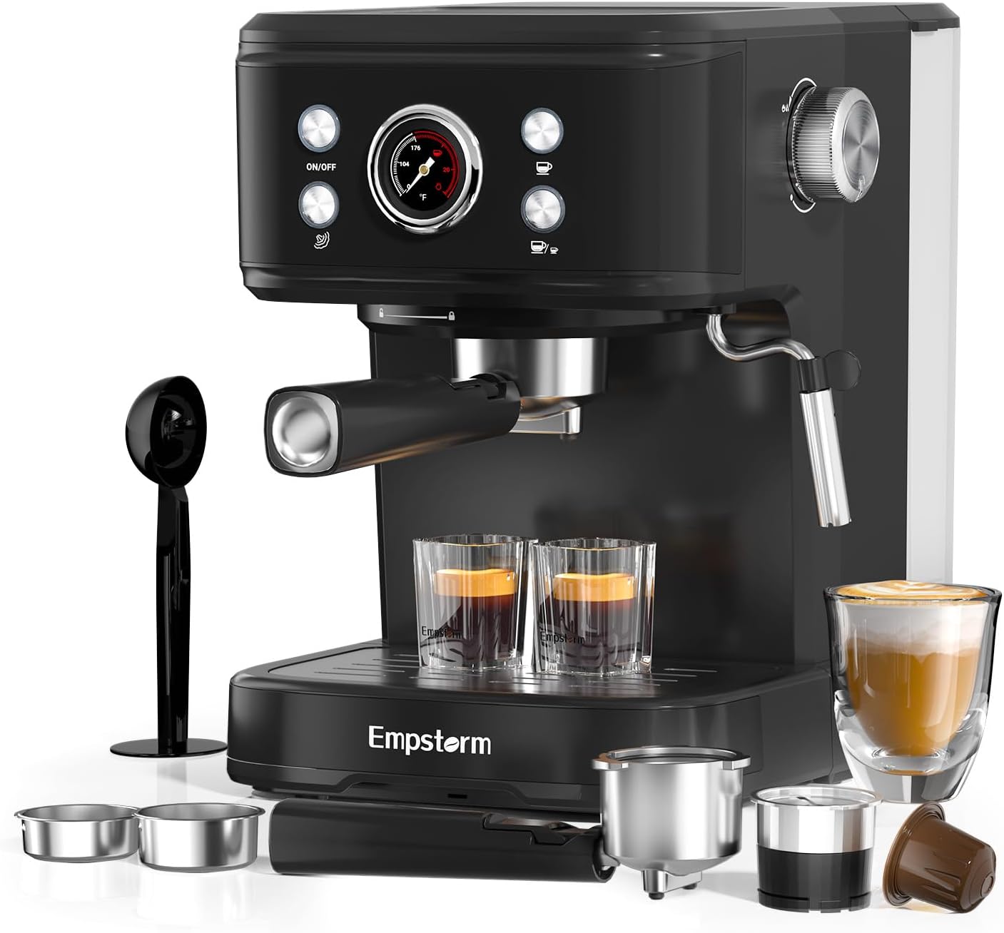 Empstorm 20 Bar Espresso Portafilter Machine Coffee Machine with 1250 Watt, Professional Milk Frothing Nozzle, Espresso Machine for Cappuccino, Latte for Coffee Powder & Coffee Capsules, Black