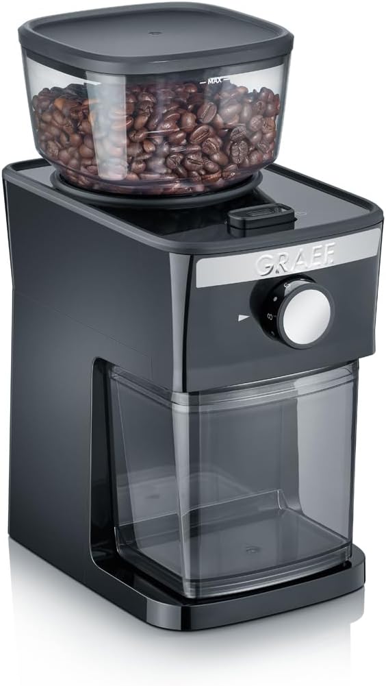 GRAEF CM252 Electric Coffee Grinder, Bean Container 80 g, Aroma Protection Lid, Removable Grinder, 17 Grinding Levels, 2 to 12 Cups, Illuminated Start/Stop Switch, 130 W, Black