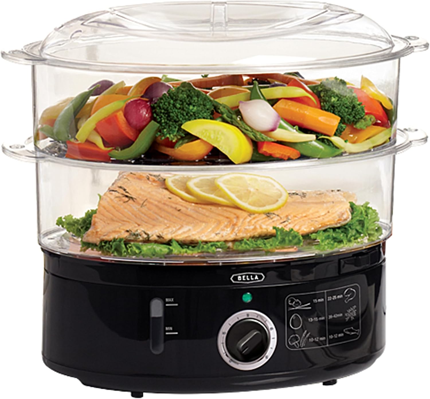 bella Two Tier Steamer with Stackable Baskets and Removable Base for Fast, Simultaneous Cooking - Automatic Shut-Off and Boil Dry Protection, 7 L, Black