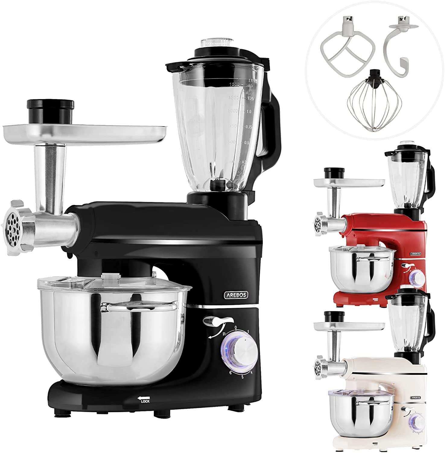 Arebos 6-in-1 Food Processor 1500 W Black Meat Grinder Blender Pasta Machine Kneading Machine with Stainless Steel Bowl 5.5 L Kitchen Mixer with Mixing Hook, Dough Hook, Whisk, Splash Guard