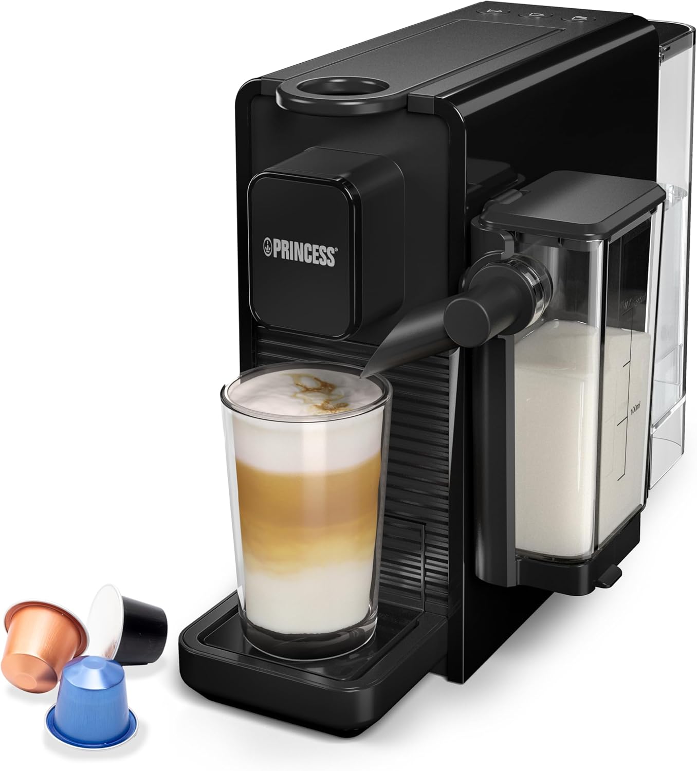 Princess Capsule and Latte Pro Capsule Coffee Machine, Compatible with Nespresso, Automatic Milk System, 20 Bar, BPA-Free, 1400 W, Dishwasher Safe Parts, Automatic Shut-Off, 01.249455.01.001