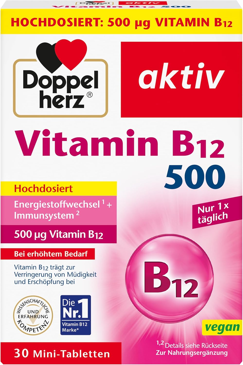 Doppelherz Vitamin B12 500 - High Dose with 500 μg Vitamin B12 per Tablet - Vegan - 30 Mini Tablets