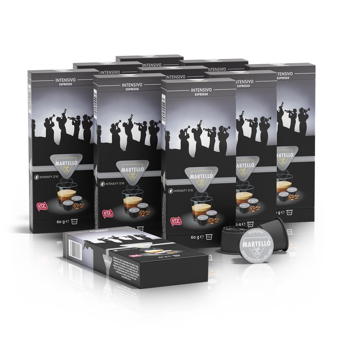 MARTELLO Cafe Martello Coffee Capsules Intensive UTZ Certified Sustainable and Fair Hand-Picked Master Pack 100 Capsules (10 x 10), for Martello Capsule Machines