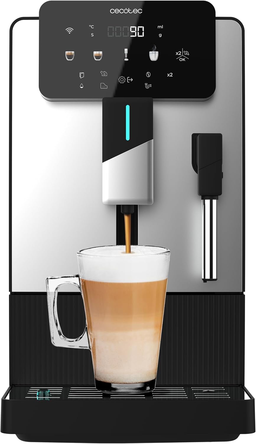 Cecotec Cremmaet Steam Fully Automatic Coffee Machine, 1350 W, 19 Bar, 5 Grinding Levels, Bean Container 150 g and Water 1.1 L, Thermoblock, Steam Nozzle, Height Adjustable, Automatic Cleaning, Touch