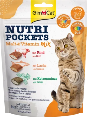 GimCat Cat treats with beef, salmon & catnip, Nutri Pockets malt-vitamin mix, 150 g