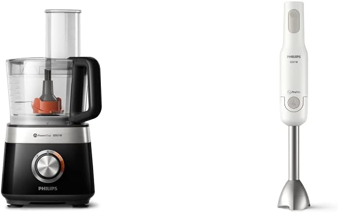 Philips Domestic Appliances Philips Compact Food Processor - 800W, 29 Functions, 2.1 Litre Container, PowerChop, Stainless Steel Blade (HR7510/10) & Philips Hand Blender - 650W, with Splash Guard and ProMix Technology, White (HR2534/0)