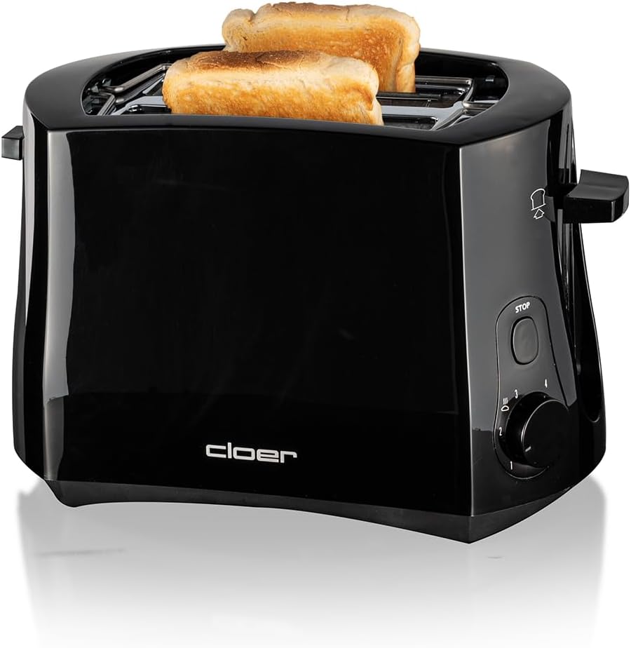Cloer 3310 Cool Wall Toaster, 825 W, for 2 Slices of Toast, Integrated Bun Attachment, Crumb Drawer, Lifting Device, Black