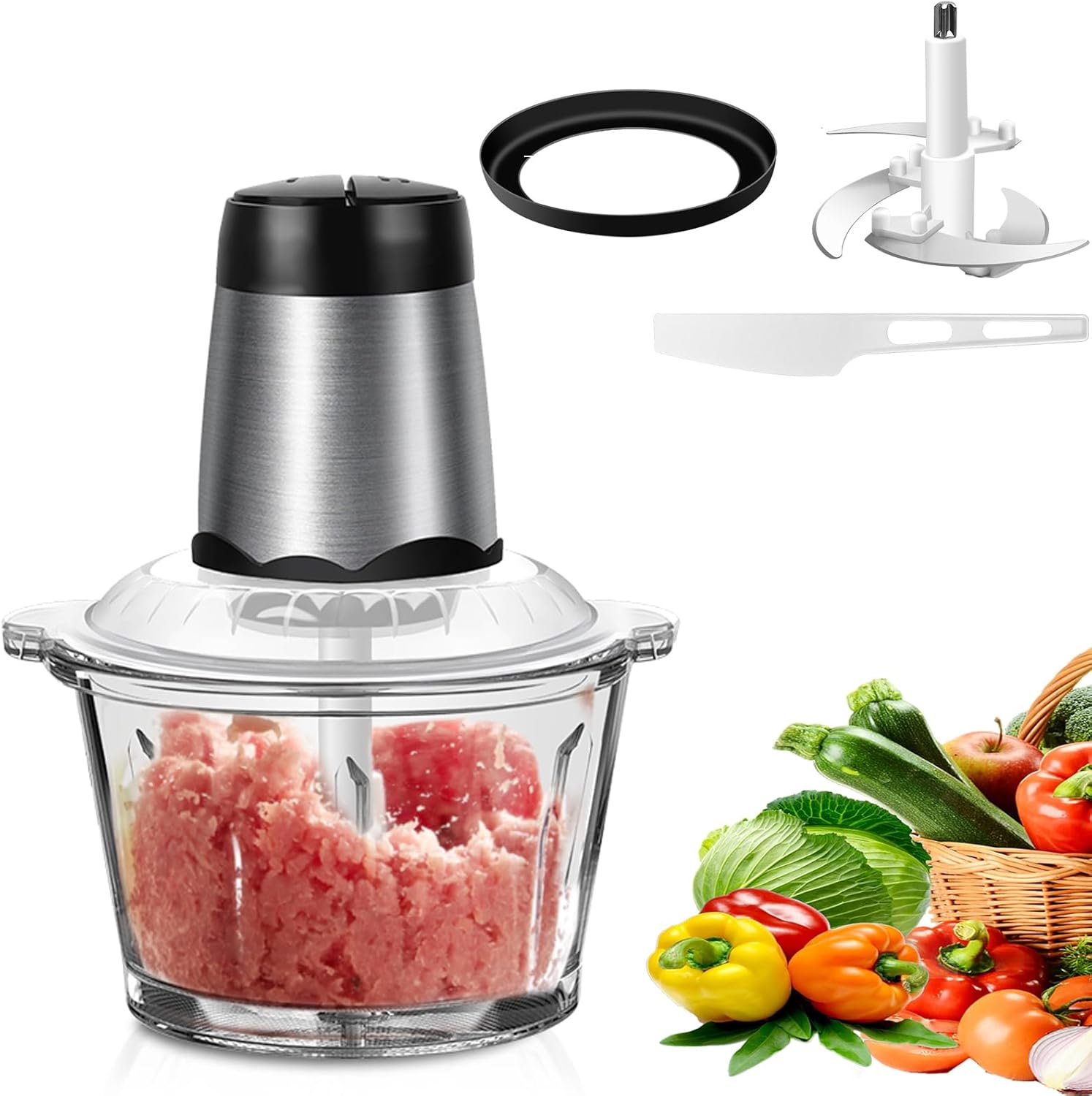Royalswill Electric Kitchen Chopper 300 W Multi Chopper Meat Grinder with 4 Blades, 2 L Bowls, 2 Speed ​​Levels, Universal Chopper Food Processor for Meat, Onions, Garlic