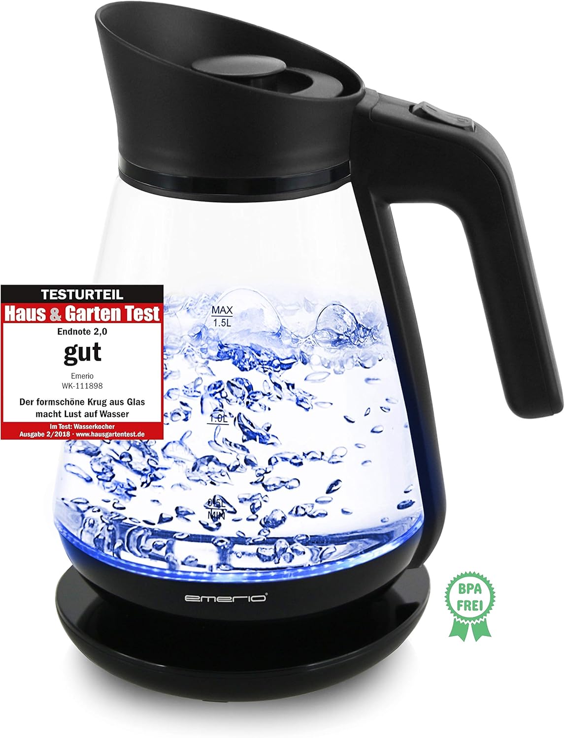 Emerio Design Glass Kettle, 1.5 L, Swiss Design, Borosilicate Glass, Wireless, LED Lighting, Limescale Filter, 2200 Watt, Black