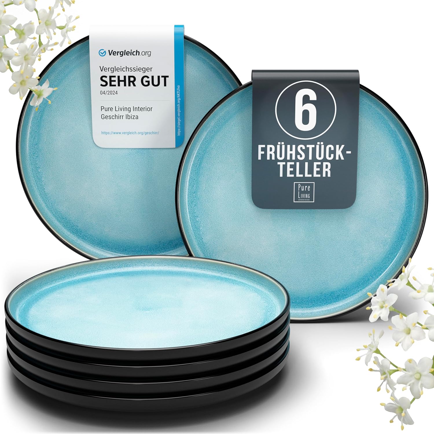 Pure Living Ibiza Stoneware Breakfast Plates for 6 People, Mediterranean Dessert Plate Set, ‘Very Good’ in Test, Cake Plates, Dishwasher-Safe, Scratch-Resistant, Small Plates, Salad Plates, Aquamarine