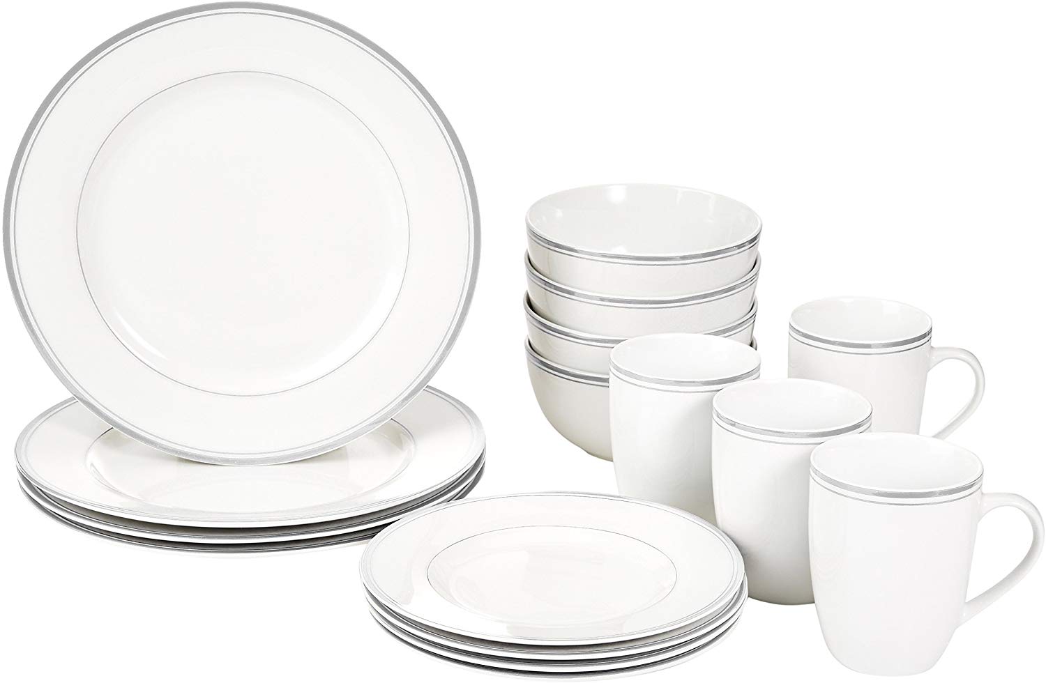 AmazonBasics Basics Cafe Stripe 16-piece Dinner Set, Porcelain, Service for 4 - Grey