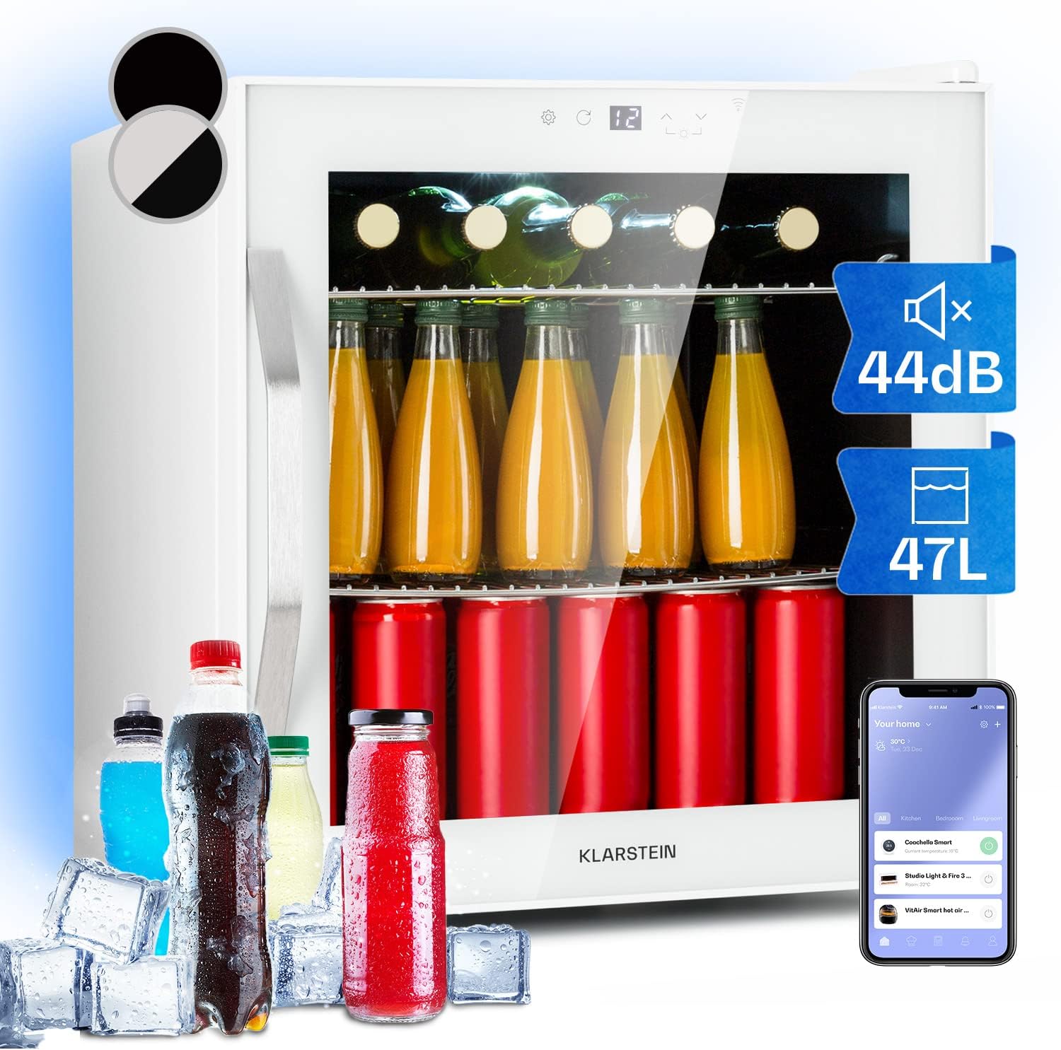 Klarstein Mini Fridge with Glass Door, Small Mini Fridge Quiet for Room & Garden, Indoor/Outdoor Drinks Fridge with IoT/App Control, Fridge for Cosmetics & Drinks, 5-18°C, 47L