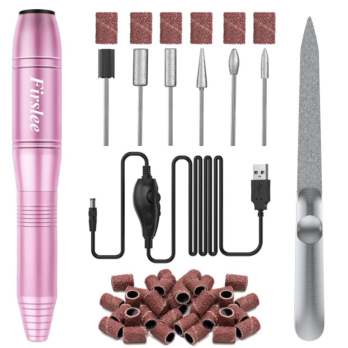 Firslee Electric Nail File, USB Electric Nail Cutter for Acrylic Gel Nails, Electric Nail Drill, Portable Nail Drill, Manicure Pedicure Tools for Home and Salon, Pink, ‎pink
