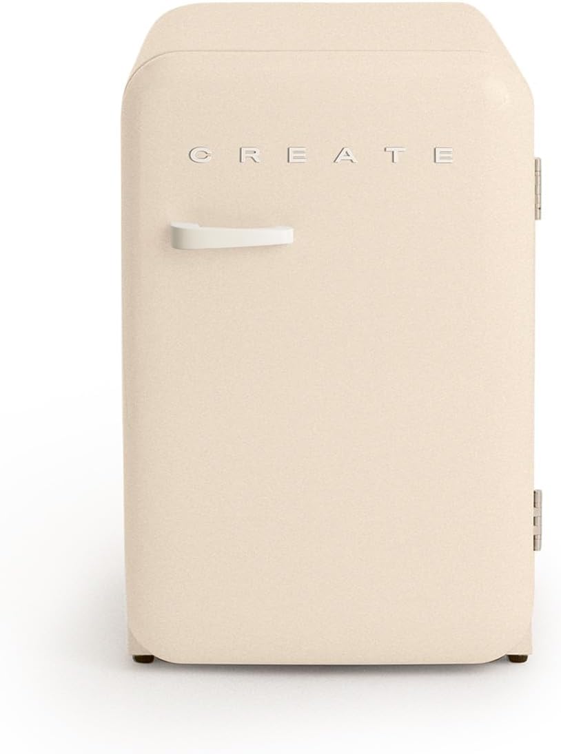 CREATE Retro Fridge 83.5 Off White Fridge in Cream White, Handle Cream White / 98 W, Low Consumption, 2 Shelves, Temperature Control, Bottle Holder, 56 x 54 x 84 cm