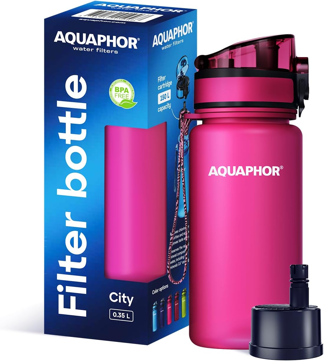 AQUAPHOR City Small Water Bottle with Water Filter 350 ml Pink Compact, Lightweight & BPA-Free Suitable for Children and on the Go Filter Bottle with Activated Carbon Filter Perfect for Starting