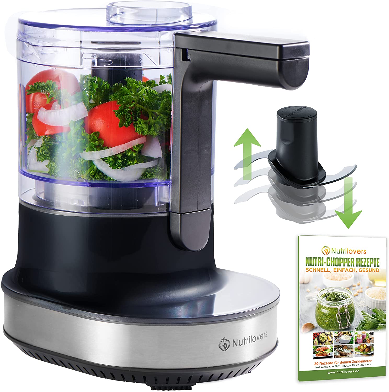Nutrilovers Nutri-Chopper 4D Multi Chopper Electric Universal Chopper for Nuts, Onions, Fruit & Vegetables, Meat - Auto-Blade Knife Function | Mixing Container (500 ml) - BPA-Free