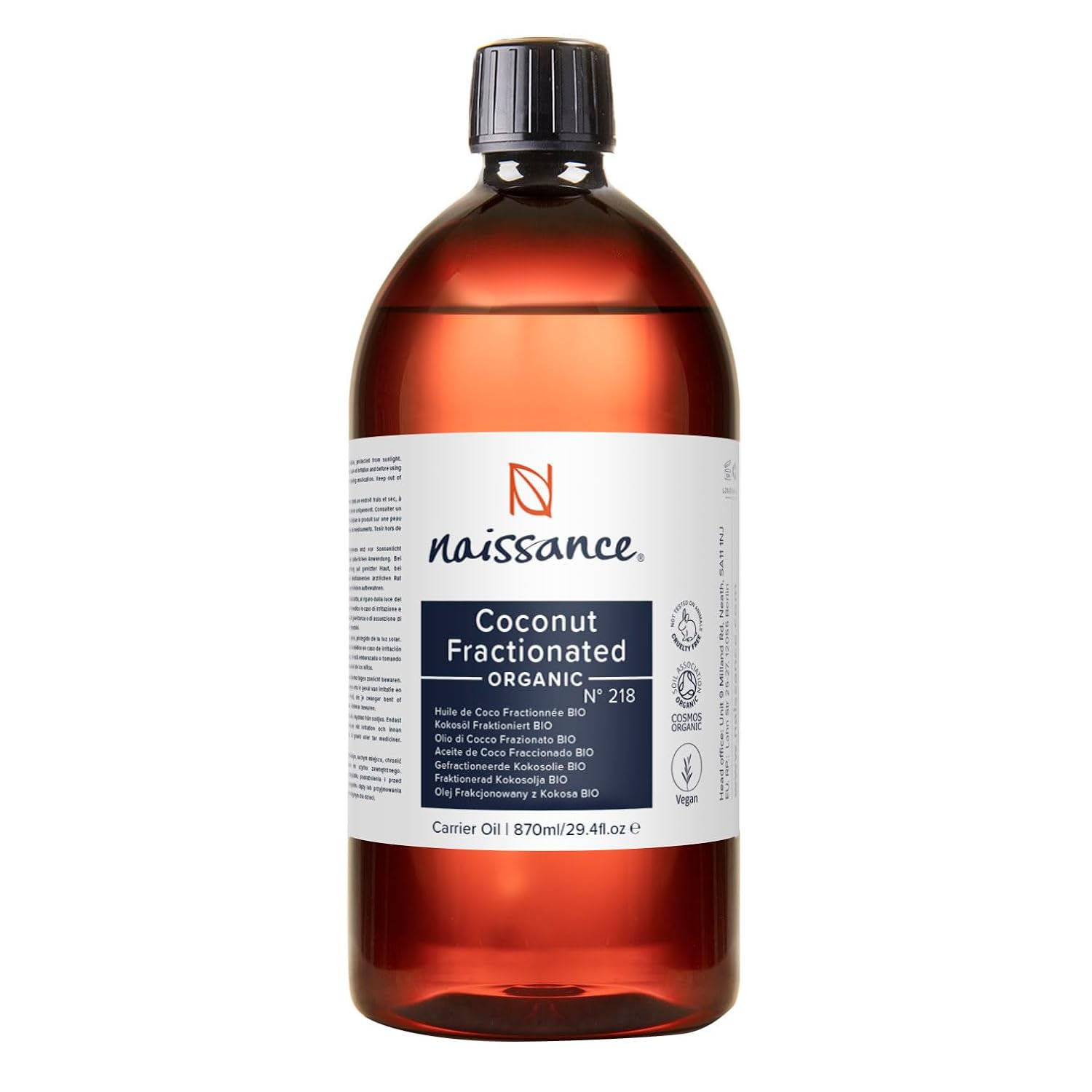 Naissance Organic Fractionated Coconut Oil (No. 218) – 870 ml – Organic Certified, Fractionated, Liquid Coconut Oil for Skin, Cosmetics, Essential Oils