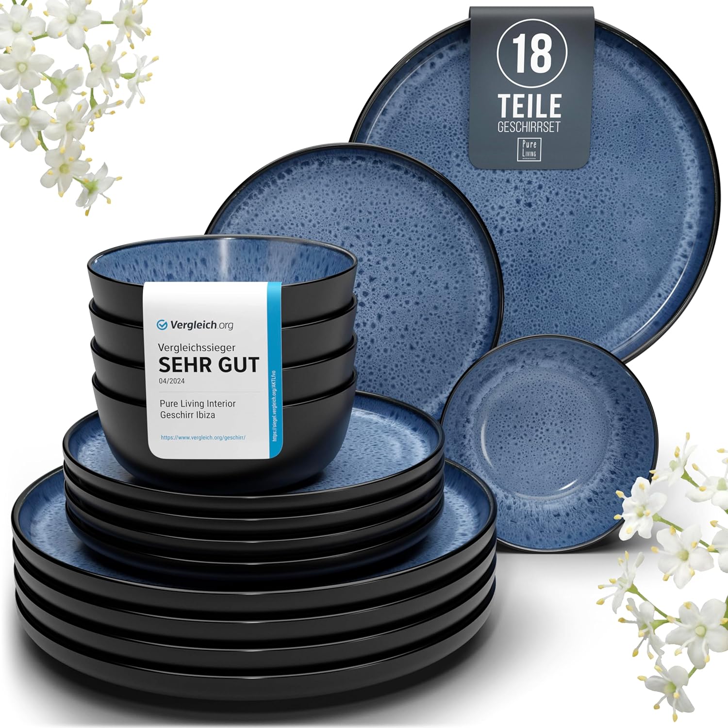 Pure Living Ibiza Stoneware Crockery Set for 6 People, 18-Piece Mediterranean Stoneware Tableware Set, ‘Very Good’ in Test, Bowl and Plate Set, Dinner Service for 6 People, Deep Blue