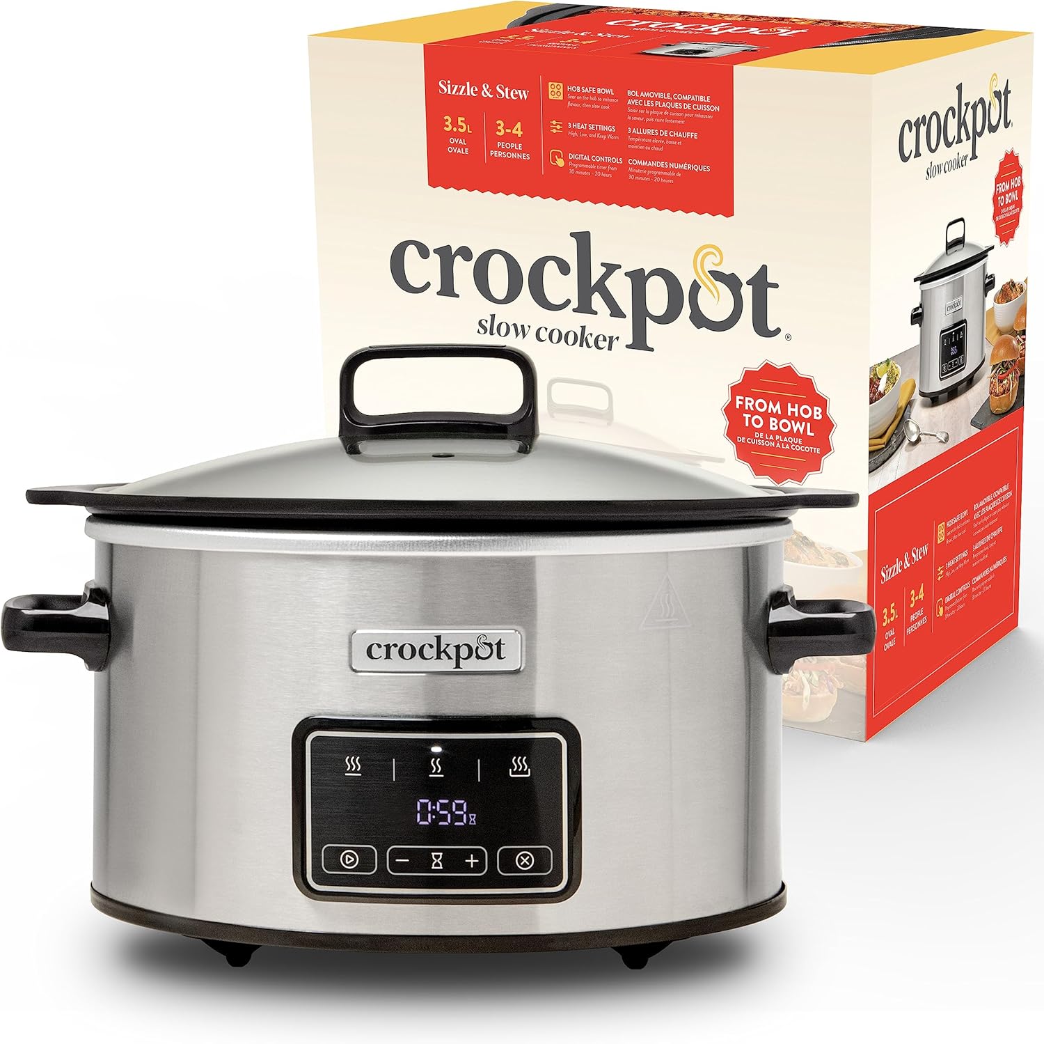 Crockpot Sizzle & Stew Digital Slow Cooker, 3.5 L (3-4 People), Removable Induction Suitable Bowl for Meat and Vegetables, EU 2 Pin Plug, Stainless Steel [CSC111X]