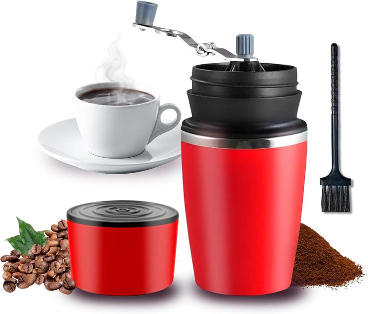Maderoclub Manual coffee grinder 3 in 1 with coffee pot and stainless steel cup integrated Ceramic grinder with reusable stainless steel coffee filter | Cleaning brush