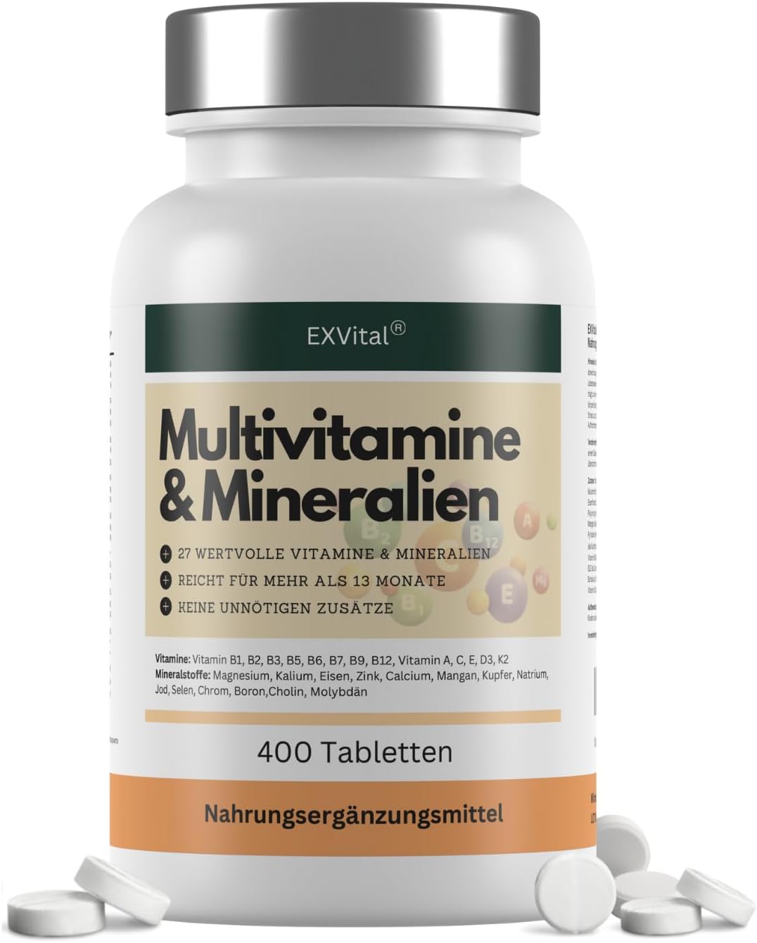 Multivitamin Tablets - 400 Vegan Tablets, 27 Vitamins & Minerals, with Vitamin B Complex, Vitamin D, Magnesium, Potassium and much more, No Magnesium Stearate, Laboratory Tested and High Dose
