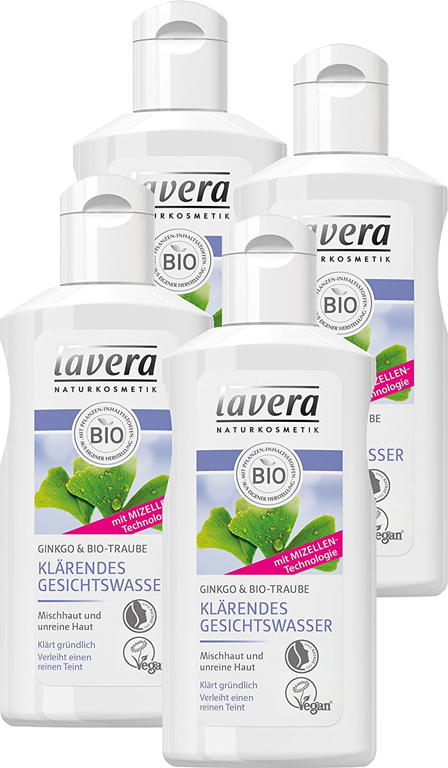 lavera Clarifying facial toner, radiant fresh complexion, thorough and effective, blemished skin, facial cleansing, vegan, organic, natural cosmetics, natural, cosmetic face care, pack of 4 (4 x 125 ml), ‎clear