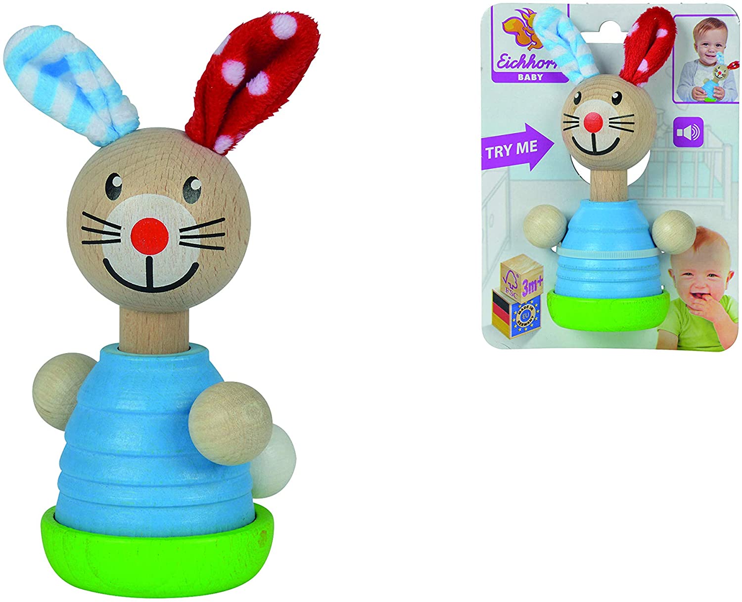 Eichhorn 100017025 Baby Squeezer with Rabbit Motif, 8 x 14 cm Squeeze Figure with Sound, FSC 100% Certified Beech Wood, Made in Germany